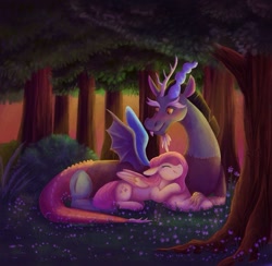 Size: 897x877 | Tagged: safe, artist:angeryduckling, discord, fluttershy, draconequus, pegasus, pony, g4, beard, blushing, cuddling, eyes closed, facial hair, fangs, female, flower, forest, lying down, male, mare, noon, outdoors, prone, ship:discoshy, shipping, straight, traditional art, tree