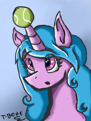 Size: 3000x4000 | Tagged: safe, artist:t-bon3thepony, izzy moonbow, pony, unicorn, g5, :o, ball, blue background, bust, cute, female, get, horn, horn impalement, hornball, izzy's tennis ball, izzybetes, looking up, mare, open mouth, simple background, solo, tennis ball, x0000 milestone, x00000 milestone