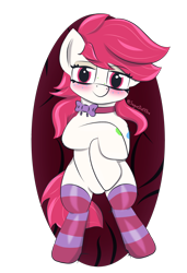 Size: 2600x3800 | Tagged: safe, artist:sugardotxtra, oc, oc only, oc:sugar dot, earth pony, pony, blushing, clothes, collar, earth pony oc, featureless crotch, high res, lidded eyes, looking at you, lying down, on back, simple background, socks, solo, striped socks, transparent background