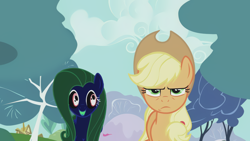 Size: 1920x1080 | Tagged: safe, edit, edited screencap, screencap, applejack, fluttershy, earth pony, pegasus, pony, applebuck season, g4, season 1, applejack is not amused, day, duo, female, inverted colors, looking at you, mare, outdoors, scary, smiling, tree, unamused
