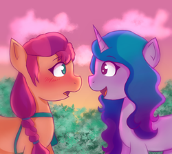 Size: 2150x1920 | Tagged: safe, artist:sunnyroop23, izzy moonbow, sunny starscout, earth pony, pony, unicorn, g5, blushing, female, horn, lesbian, looking at each other, mare, open mouth, open smile, ship:moonscout, shipping, smiling