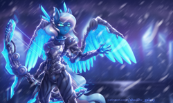 Size: 4000x2400 | Tagged: safe, artist:shad0w-galaxy, pegasus, anthro, bow, city, commission, cyberpunk, female, high res, league of legends, mare, snow, solo
