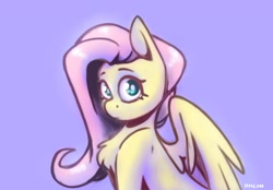 Size: 2048x1423 | Tagged: safe, artist:lrusu, fluttershy, pegasus, pony, g4, aside glance, bust, chest fluff, colored, cute, female, looking at you, mare, partially open wings, pegasus wings, purple background, shading, shyabetes, simple background, solo, three quarter view, wings