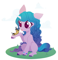 Size: 2925x3000 | Tagged: safe, artist:belka-sempai, izzy moonbow, butterfly, pony, unicorn, g5, bracelet, chest fluff, cloud, colored pupils, cute, female, high res, izzybetes, jewelry, leg fluff, lineless, looking at something, mare, one ear down, open mouth, partial background, raised hoof, simple background, sitting, solo, three quarter view, transparent background, unshorn fetlocks