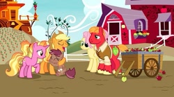 Size: 465x261 | Tagged: safe, artist:avocattle, edit, edited screencap, screencap, applejack, big macintosh, fluttershy, luster dawn, oc, oc:sugar cube, earth pony, pegasus, pony, unicorn, g4, alternate hairstyle, alternate timeline, apple, aunt and niece, barn, carrot, cart, character swap, clothes, family, farm, female, filly, food, freckles, hug, male, mare, offspring, older, older big macintosh, older fluttermac, older fluttershy, open mouth, parent:big macintosh, parent:fluttershy, parents:fluttermac, pegasus oc, ship:fluttermac, shipping, shirt, stallion, straight, sweet apple acres, vest