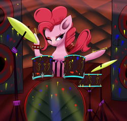 Size: 2590x2480 | Tagged: safe, artist:guatergau5, pinkie pie, earth pony, pony, g4, bracelet, drum kit, drums, high res, jewelry, light, music, musical instrument, one eye closed, rock (music), rockstar, solo, speaker, spiked wristband, wristband