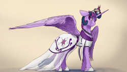 Size: 3840x2160 | Tagged: safe, alternate version, artist:tenebrisnoctus, twilight sparkle, alicorn, pony, g4, clothes, concave belly, crown, dress, female, high res, hoof shoes, jewelry, leonine tail, mare, necklace, regalia, simple background, smiling, solo, spread wings, tail, twilight sparkle (alicorn), unshorn fetlocks, wings