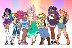 Size: 1659x1104 | Tagged: safe, artist:kutapikakun, applejack, fluttershy, pinkie pie, rainbow dash, rarity, sunset shimmer, twilight sparkle, human, equestria girls, g4, applejack's hat, bandaid, bare shoulders, beret, boots, clothes, colored pupils, converse, cowboy boots, cowboy hat, dark skin, diverse body types, diversity, dress, feet, female, freckles, gap teeth, hand on hip, hat, high heels, human coloration, humane five, humane seven, humane six, humanized, jeans, lidded eyes, mary janes, moderate dark skin, nail polish, one eye closed, overalls, pants, sandals, shoes, shorts, shortstack, shoulder freckles, size comparison, skirt, sports bra, stockings, tallershy, thigh highs, toenail polish, wink