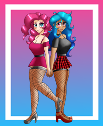 Size: 1800x2200 | Tagged: safe, artist:zachc, izzy moonbow, pinkie pie, human, g4, g5, breasts, choker, cleavage, clothes, dress, duo, duo female, female, fishnet clothing, fishnets, generation leap, gradient background, high heels, humanized, izzy and her heroine, looking at you, shoes, skirt