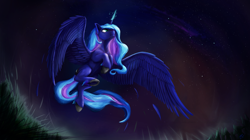 Size: 6000x3371 | Tagged: safe, artist:tenebrisnoctus, princess luna, alicorn, pony, g4, absurd resolution, feather, female, fetlock tuft, flying, glowing horn, grass, horn, mare, night, solo