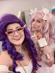 Size: 810x1080 | Tagged: safe, artist:sarahndipity cosplay, rarity, sweetie belle, human, g4, clothes, cosplay, costume, glasses, irl, irl human, microphone, photo