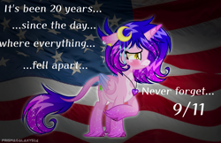 Size: 2302x1493 | Tagged: safe, artist:elementbases, artist:lumi-infinite64, artist:prismagalaxy514, oc, alicorn, pony, 9/11, american flag, crying, memorial, mouthpiece, remembrance, sadness