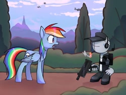 Size: 1080x810 | Tagged: dead source, safe, artist:sevenwestern, rainbow dash, oc, pegasus, pony, g4, armless, bandage, clothes, cloud, crossover, cutie mark, deimos, duo, eyes open, gun, looking at each other, madness combat, shoes, smoking, standing, sweat, tree, weapon, wings