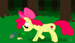 Size: 1180x690 | Tagged: safe, artist:sgtgarand, apple bloom, earth pony, pony, g4, female, filly, grass, grin, plant, sapling, smiling, solo, tree, trowel