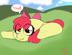Size: 3070x2362 | Tagged: safe, artist:jubyskylines, apple bloom, earth pony, pony, g4, eye clipping through hair, female, filly, high res, howdy, looking at you, lying down, on side, smiling, solo