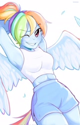 Size: 1316x2048 | Tagged: safe, artist:beetocy, artist:flanmope, artist:プリンサン, rainbow dash, human, g4, arm behind head, armpits, clothes, feather, female, humanized, one eye closed, pony coloring, ponytail, shorts, simple background, sleeveless, solo, sweat, tailed humanization, tank top, white background, winged humanization, wings, wink