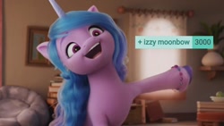 Size: 1280x720 | Tagged: safe, edit, edited screencap, screencap, izzy moonbow, pony, unicorn, derpibooru, g5, my little pony: a new generation, spoiler:my little pony: a new generation, 3d, female, happy, mare, meta, milestone, open mouth, solo, ta-da!, tags
