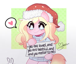 Size: 827x699 | Tagged: safe, artist:arwencuack, oc, oc:chuckles, earth pony, pony, semi-anthro, arm hooves, christmas, clothes, commission, cute, female, hat, heart, holiday, love, positive message, positive ponies, santa hat, sign, smiling, sweater, white pupils