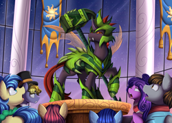 Size: 3920x2807 | Tagged: safe, artist:pridark, oc, oc only, oc:phasmatodea, changeling, earth pony, pony, fanfic:changing expectations, armor, canterlot, changeling oc, commission, fanfic art, grand galloping gala, group, hammer, high res, orange changeling, war hammer, weapon