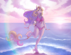 Size: 1920x1494 | Tagged: safe, artist:acry-artwork, oc, oc only, oc:acry, oc:acry weaver, classical unicorn, unicorn, anthro, unguligrade anthro, beach, belly button, bikini, breasts, clothes, cloven hooves, curved horn, equine, fangs, horn, jewelry, leonine tail, necklace, outdoors, solo, swimsuit, unshorn fetlocks