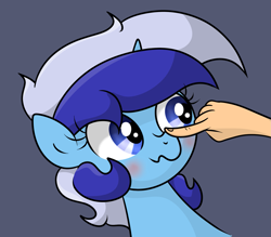 Size: 1681x1471 | Tagged: safe, artist:background basset, minuette, pony, unicorn, g4, blue eyes, blushing, boop, bust, disembodied hand, female, hand, horn, mare, offscreen character, simple background, solo
