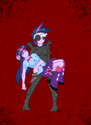 Size: 1700x2338 | Tagged: safe, artist:lennondash, twilight sparkle, equestria girls, g4, it's about time, bandana, blood, breasts, carrying, clothes, cut, duo, duo female, equestria girls interpretation, eyepatch, eyes closed, female, future twilight, gun, headband, messy hair, red background, scene interpretation, self paradox, simple background, solid sparkle, torn clothes, unconscious, weapon
