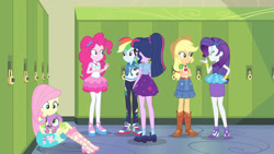 Size: 3410x1920 | Tagged: safe, screencap, applejack, fluttershy, pinkie pie, rainbow dash, rarity, sci-twi, spike, spike the regular dog, twilight sparkle, dog, equestria girls, equestria girls specials, g4, my little pony equestria girls: better together, my little pony equestria girls: forgotten friendship, applejack's hat, boots, clothes, converse, cowboy boots, cowboy hat, crossed arms, cutie mark, cutie mark on clothes, denim skirt, eyes closed, female, football, geode of sugar bombs, geode of super speed, geode of super strength, hairpin, hat, high heels, high res, hoodie, humane five, humane six, jewelry, lockers, magical geodes, necklace, rarity peplum dress, sandals, shoes, skirt, smiling, sneakers, sports, tank top