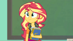 Size: 3410x1920 | Tagged: safe, screencap, sunset shimmer, equestria girls, equestria girls specials, g4, my little pony equestria girls: better together, my little pony equestria girls: forgotten friendship, chalkboard, clothes, female, high res, jacket, jewelry, leather, leather jacket, necklace, smiling, solo, yearbook