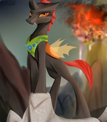 Size: 1750x2000 | Tagged: safe, artist:nixworld, oc, oc:phasmatodea, changeling, fanfic:changing expectations, canterlot, changeling oc, fanfic, fanfic art, fanfic cover, fire, grin, orange changeling, peytral, smiling