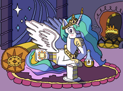 Size: 1280x953 | Tagged: safe, artist:sergeant16bit, princess celestia, alicorn, cake pony, food pony, original species, pony, g4, autocannibalism, blushing, cake, cake slice, cakelestia, candle, cannibalism, cellular peptide cake (with mint frosting), female, fireplace, food, food transformation, jewelry, looking at you, mare, nom, pillow, ponified, potion, reality shift, rug, tiara, transformation