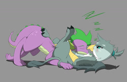 Size: 1280x825 | Tagged: safe, artist:peppertech, gabby, spike, dragon, griffon, g4, adult, adult spike, blushing, cuddling, cute, feather, female, gabbybetes, lying down, male, older, older spike, on back, paws, ship:spabby, shipping, sleeping, snoring, spikabetes, spikelove, straight, tail, tail wrap, underpaw, winged spike, wings