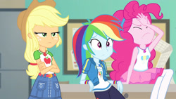 Size: 3410x1920 | Tagged: safe, screencap, applejack, pinkie pie, rainbow dash, equestria girls, equestria girls specials, g4, my little pony equestria girls: better together, my little pony equestria girls: forgotten friendship, applejack's hat, belt, clothes, cowboy hat, crossed arms, cutie mark, cutie mark on clothes, denim skirt, eyes closed, facepalm, female, geode of sugar bombs, geode of super speed, geode of super strength, hat, high res, hoodie, jewelry, magical geodes, necklace, skirt, tank top