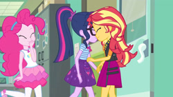 Size: 3410x1920 | Tagged: safe, screencap, pinkie pie, sci-twi, sunset shimmer, twilight sparkle, equestria girls, equestria girls specials, g4, my little pony equestria girls: better together, my little pony equestria girls: forgotten friendship, bowtie, clothes, cute, cutie mark, cutie mark on clothes, diapinkes, eyes closed, female, geode of empathy, geode of sugar bombs, geode of telekinesis, glasses, high res, jacket, jewelry, leather, leather jacket, magical geodes, necklace, ponytail, sci-twiabetes, shimmerbetes, smiling, tank top, twiabetes