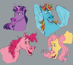 Size: 1917x1715 | Tagged: safe, artist:banjo_bugs, fluttershy, pinkie pie, rainbow dash, twilight sparkle, butterfly, earth pony, pegasus, pony, unicorn, g4, butterfly on nose, gray background, hoers, insect on nose, simple background, unicorn twilight