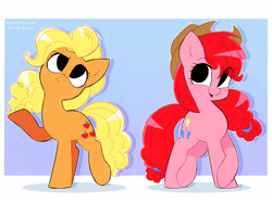 Size: 3142x2338 | Tagged: safe, artist:syrupyyy, part of a set, applejack, pinkie pie, earth pony, pony, g4, alternate hairstyle, cute, diapinkes, duo, female, gradient background, high res, jackabetes, mane swap, mare, open mouth, raised hoof, redraw, smiling, tail swap