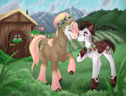 Size: 1280x973 | Tagged: safe, artist:paisleyperson, oc, oc only, earth pony, pegasus, pony, female, floral head wreath, flower, forest, mare, mountain, scenery