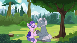 Size: 6116x3444 | Tagged: safe, artist:lavender-annabella, alphabittle blossomforth, queen haven, pegasus, pony, unicorn, g4, g5, female, forest, g5 to g4, hilarious in hindsight, kiss on the lips, kissing, male, mare, ship:alphahaven, stallion, straight, tree