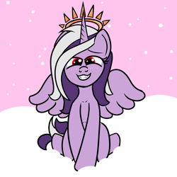 Size: 2000x2000 | Tagged: safe, artist:dafiltafish, oc, oc only, oc:hedone, alicorn, pony, alicorn oc, blushing, cloud, crown, grin, high res, horn, jewelry, looking at you, red eyes, regalia, sitting, smiling, smiling at you, solo, wings