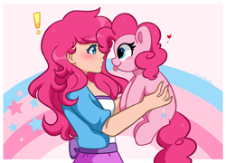 Size: 3669x2635 | Tagged: safe, artist:kittyrosie, pinkie pie, earth pony, human, pony, g4, :p, blushing, breasts, clothes, cute, diapinkes, duo, equestria girls outfit, exclamation point, female, floating heart, heart, high res, holding a pony, human ponidox, humanized, kittyrosie is trying to murder us, looking at each other, self ponidox, sideboob, sweet dreams fuel, tongue out