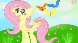 Size: 1440x799 | Tagged: safe, artist:skypaw122, fluttershy, pegasus, pony, g4, eyelashes, female, mare, open mouth, signature, smiling, solo, wings