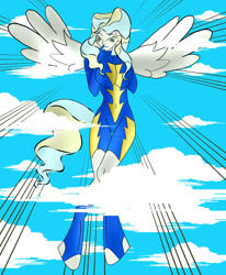 Size: 1400x1700 | Tagged: safe, artist:foxgearstudios, vapor trail, pegasus, anthro, unguligrade anthro, g4, breasts, busty vapor trail, clothes, cloud, flying, outdoors, smiling, uniform, wings, wonderbolts uniform