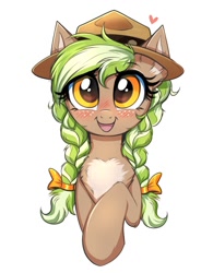 Size: 934x1200 | Tagged: safe, artist:confetticakez, oc, oc only, oc:sylvia evergreen, pegasus, pony, blushing, braid, bust, chest fluff, clothes, cute, female, freckles, hair ribbon, hat, mare, pale belly, simple background, smiling, twin braids, white background
