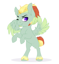 Size: 2125x2324 | Tagged: safe, artist:schokocream, oc, oc only, pegasus, pony, high res, one eye closed, pegasus oc, rearing, simple background, smiling, solo, unshorn fetlocks, white background, wings, wink