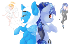 Size: 3045x1842 | Tagged: safe, artist:schokocream, oc, oc only, oc:aeon of dreams, angel, devil, human, pony, unicorn, adventure time, clothes, finn the human, halo, hat, horns, male, ponified, shoulder devil, smiling, stallion