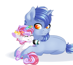 Size: 2834x2551 | Tagged: safe, artist:schokocream, oc, oc only, oc:aeon of dreams, pony, unicorn, cute, duo, eyes closed, female, filly, grin, high res, horn, hug, lying down, male, prone, simple background, smiling, stallion, unicorn oc, white background
