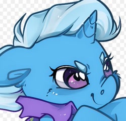 Size: 339x324 | Tagged: safe, artist:midnightpremiere, trixie, pony, unicorn, g4, alpha channel, bust, cape, checkered background, cheek fluff, clothes, female, floppy ears, horn, mare, nose wrinkle, smiling, solo