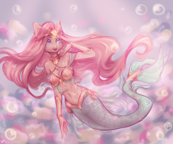 Size: 3000x2496 | Tagged: safe, artist:zefirka, fluttershy, mermaid, anthro, g4, belly button, breasts, bubble, busty fluttershy, coral, crepuscular rays, dorsal fin, fin, fins, fish tail, flowing mane, flowing tail, high res, jewelry, looking at you, mermaidized, ocean, open mouth, open smile, scales, seaweed, smiling, smiling at you, solo, species swap, swimming, tail, tiara, underwater, water