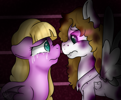 Size: 960x794 | Tagged: safe, artist:milledpurple, oc, pegasus, pony, 2015, black eye, bruised, chest fluff, crying, duo, ear fluff, female, gravity falls, male, mare, pacifica northwest, ponified