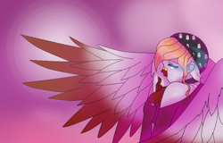 Size: 833x532 | Tagged: safe, artist:aonairfaol, oc, oc only, pegasus, anthro, abstract background, base used, beanie, clothes, female, hat, pegasus oc, solo, wings