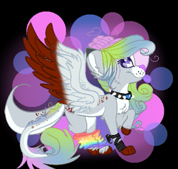 Size: 537x512 | Tagged: safe, artist:aonairfaol, oc, oc only, pony, wolf, wolf pony, abstract background, choker, fusion, solo, spiked choker, wings